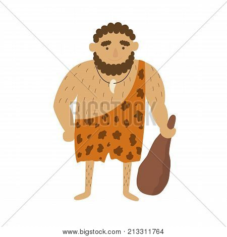 Stone age primitive man in animal hide pelt with big wooden club. Flat style vector illustration isolated on white background.