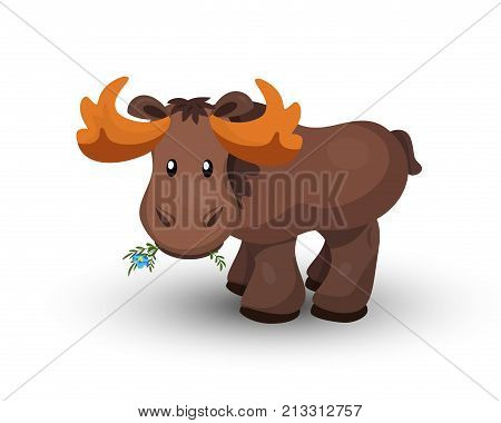 Moose, funny cartoon elk with flower, isolated on white background. Vector illustration