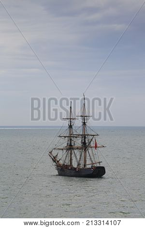 Charlestown, Cornwall, UK: April 13, 2016: The Phoenix set sail from Charlestown port on the south coast of Cornwall, England. She is a two masted Brig and was built in Frederikshavn, Denmark in 1929.