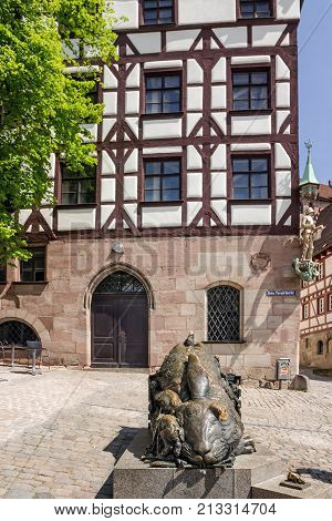 NUREMBERG, GERMANY - Nov 6, 2017: Nuremberg Germany. Rabbit sculpture - Tribute to Albrecht Durer