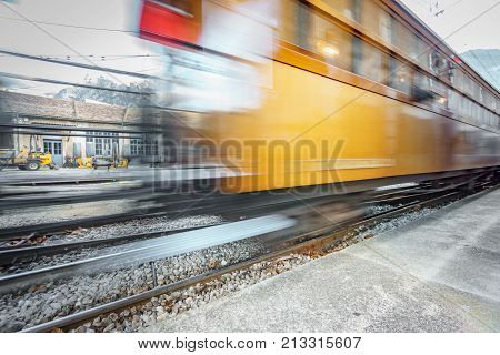 Railway and antique wooden train trail, slow shutter speed