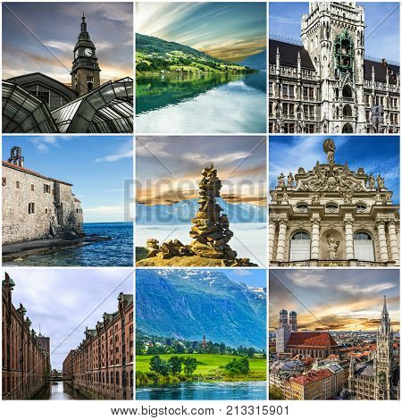 Travel Collage European Landmarks Germany Norway Montenegro Travel Collage European Landmarks Germany Norway Montenegro