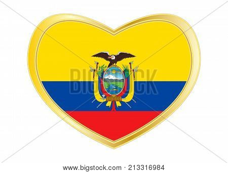 Ecuadorian national official flag. Patriotic symbol banner element background. Correct colors. Flag of Ecuador in heart shape isolated on white background. Golden frame. Vector