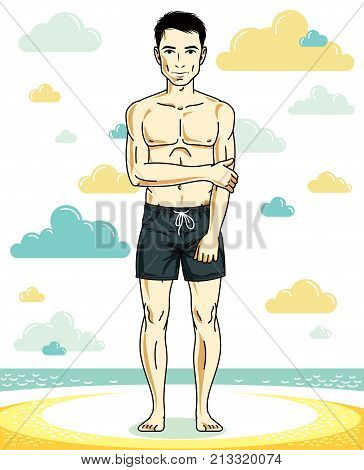 Handsome young man standing on tropical beach in bright shorts. Vector athletic male illustration. Summer vacation lifestyle theme cartoon.