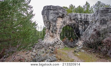 Wide angle view of hole in karstic formations in the Majadas park, Cuenca, Spain