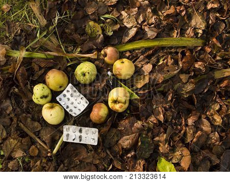 Overhead shot of the empty tablets blisters laid next to ripe apples on the ground