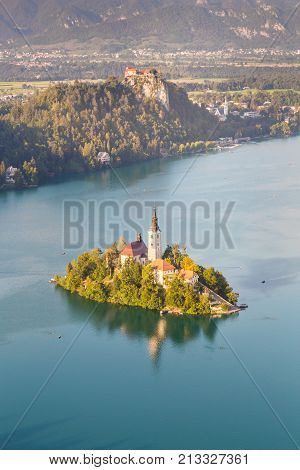 Panoramic view of island wiht church on Lake Bled from Mt. Osojnica, Slovenia.