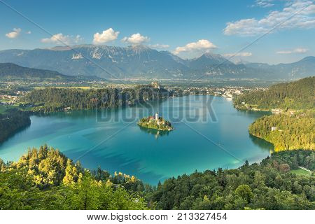 Panoramic view of Lake Bled from Mt. Osojnica, Slovenia.