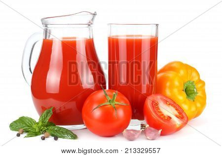 Tomato Juice In Glass Jug With Tomato, Garlic, Spices, And Basil Isolated On White Background