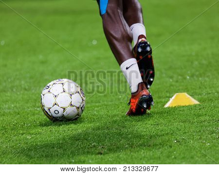 Solna Sweden - Oct 30 2017: Closeup Of Ball Feet And Legs Of Soccer Player In The Game Aik And Ifk G