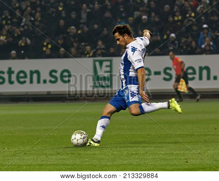 Solna Sweden - Oct 30 2017: Soccer Player From Ifk Gothenburg Shooting The Ball. October 30 2017soln