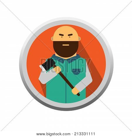 Brutal bearded man with axes in his hand. A man with a shaved head and a beard. Lumberjack  on orange background.