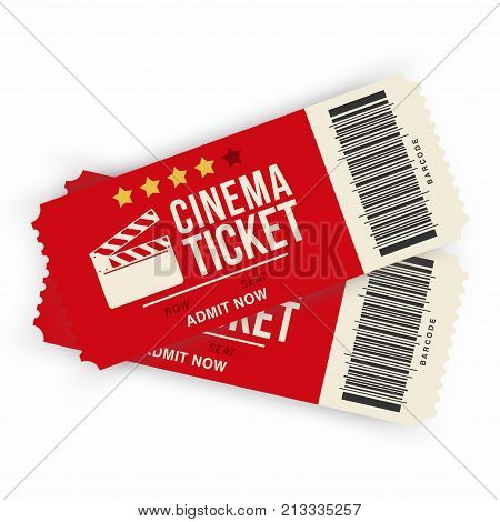 Two cinema tickets isolated on background. Realistic cinema or movie tickets template. Vector