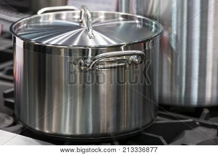 Metal stainless steel pan on a kitchen stove
