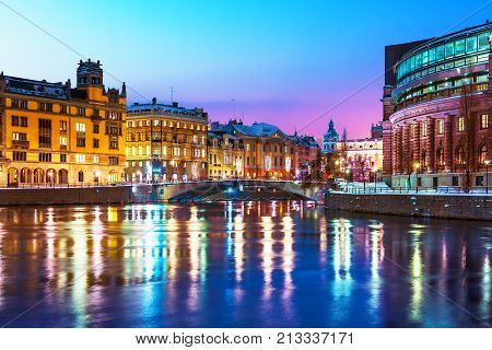 Winter night scenery of the Old Town (Gamla Stan) in Stockholm, Sweden