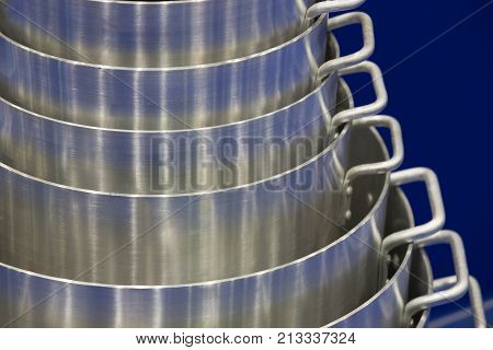 Several iron pans for cooking close-up food