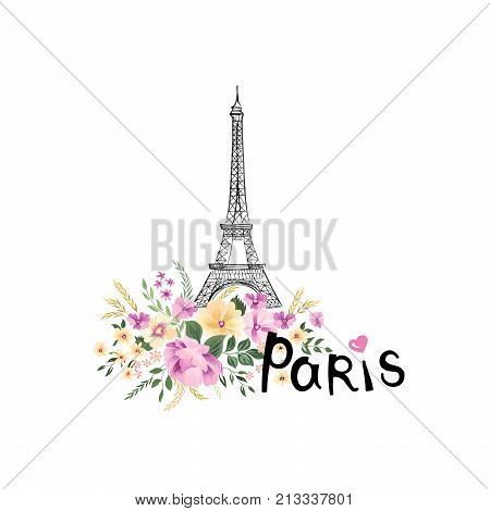 Paris background. Floral Paris sign with flower bouquet and Eiffel tower landmark. Travel France icon