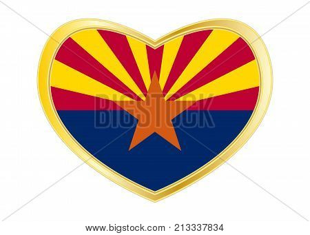 Flag of the US state of Arizona. American patriotic element. USA banner. United States of America symbol. Arizonian official flag in heart shape isolated on white background. Golden frame. Vector