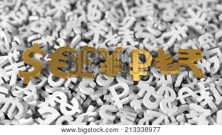 golden currency signs on stack of white currency signs. conceptual illustration background in 3d. suitable for economy and finance themes.