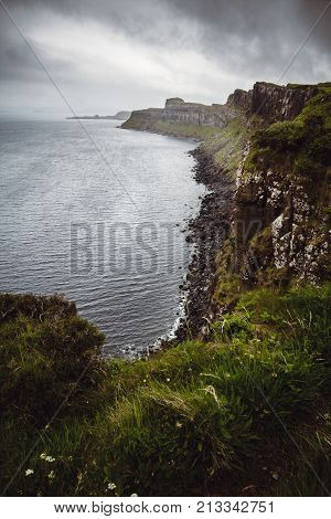 Cliffs on the eastern coast of the Isle of Skye Scotland on a stormy grey day