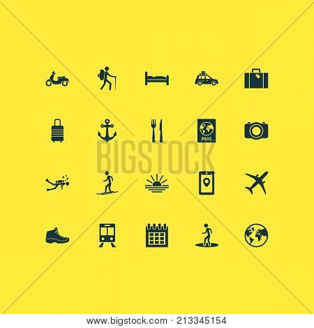 Includes Icons Such As Almanac, Boat Stability, Surfing And Other.  Traveling Icons Set.