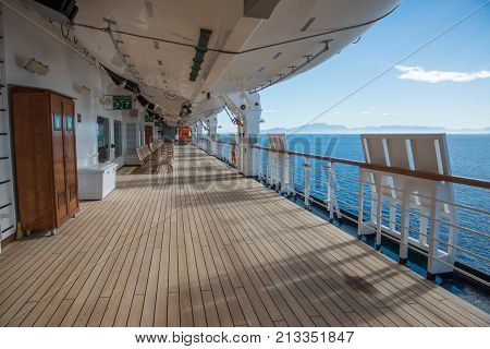 NADI, FIJI, PACIFIC ISLANDS-NOVEMBER 27TH, 2016: Noordam deck and balcony with misty morning view over the Pacific Ocean in Nadi, Fiji, Pacific Islands