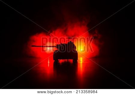War Concept. Military Silhouettes Fighting Scene On War Fog Sky Background, World War German Tanks S