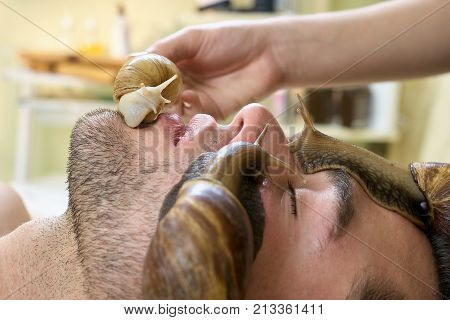 Snails on handsome man face close up. Cleaning and peeling of young man face in spa salon. Modern cosmetological procedure for skin tratment.