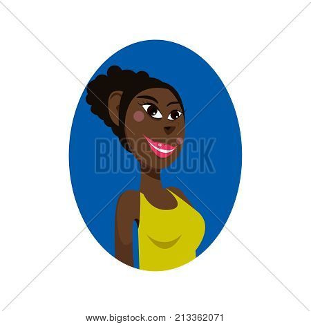 Closeup with portrait of smiling afro american girl with pink lips. Vector color cartoon avatar in ellipse shaped background.