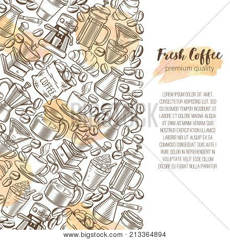Poster emplate coffee page design with vector sketch cups, hot drinks, French press, brewer for label menu cafe and coffeehouse