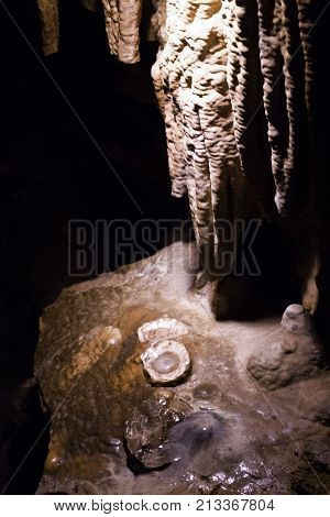 Vertical close up view of the amazing cavern speleothems mostly stalactite stalagmite formations and the famous 