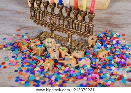 Image Of Jewish Holiday Hanukkah With Wooden Dreidel Spinning Top On The Glitter Background