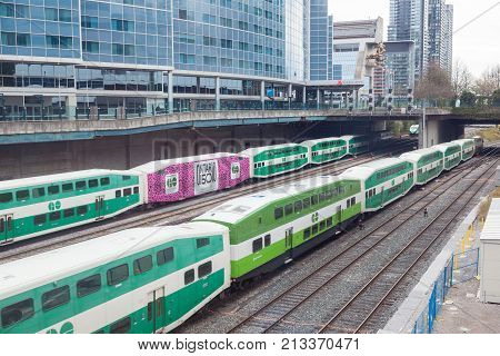 Toronto Canada - Oct 11 2017: Go Transit trains in the city of Toronto. Province of Ontario Canada
