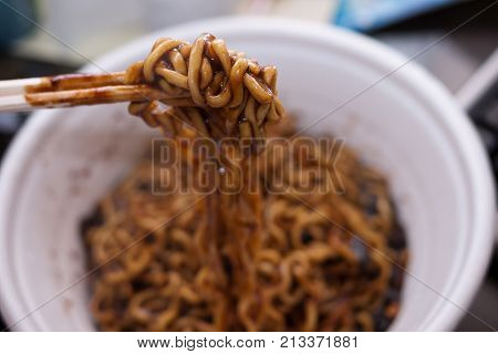 Jajangmyeon with wooden chopsticks, Traditional food of South Korea