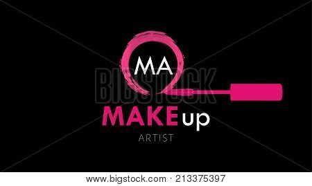 Makeup Artist business card logo template. Pink Mascara brush and textured circle stroke of mascara on black background. Fashion design of emblem for stylist. Perfect logotype and business card