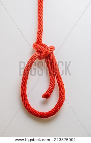 Close up red rope bowline knot on a white background.