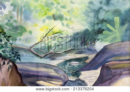 Watercolor landscape original painting colorful of waterfall rock cliff in forest nature summer season and emotion green tree background. Hand painted Impressionist abstract image illustration.