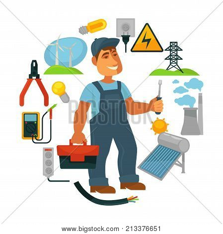 Electrician with toolkit surrounded with electricity sources and tools. Wind generators, bright bulbs, tall tower, plant pipes, solar battery, small voltmeter and power sockets vector illustrations.