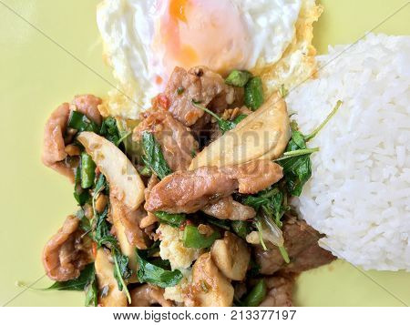 Thai Spicy Food Basil Pork Fried Rice Recipe (krapao Gai) With Fried Egg In Green Plate On Wooden Ba