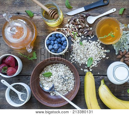 Concept: Healthy Lifestyle. Healthy Breakfast With Fresh Fruits, Oat Flakes And Green Tea