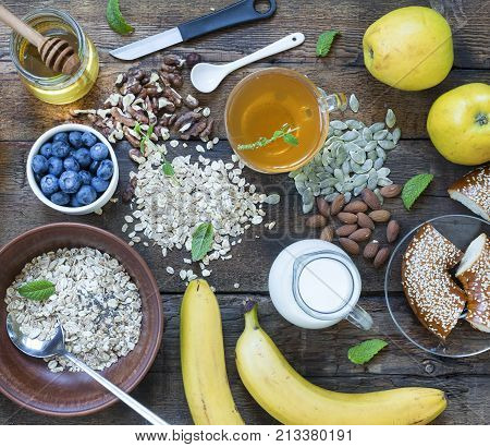 Concept: Healthy Lifestyle. Healthy Breakfast With Fresh Fruits, Oat Flakes And Green Tea