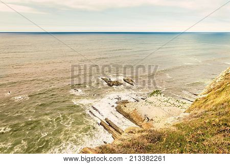 A top view on the beach of Getxo of the Atlantic ocean in Bilbao on the North of Spain.
