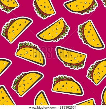 Colorful seamless pattern with cute cartoon mexican taco stickers on cherry background. Comic flat pop art tacos texture for fast food textile wrapping paper package restaurant or cafe menu banners
