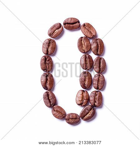 Number 0 nil zero made from coffee beans on isolated white background