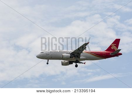 BANGKOK THAILAND - JUN152017 : shenzhen airline domestic china airliner approach for landting to suvarnabhumi airpot bangkok thailand