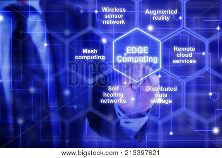 IT expert in a blue suit touches a hexagon tile with the words edge computing surrounded by specific keywords