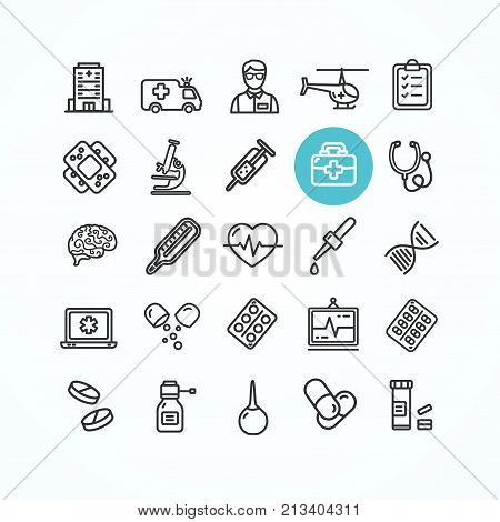 Medicine Symbols and Signs Black Thin Line Icon Set for Wep and App Include of Helicopter, Plaster and Car . Vector illustration