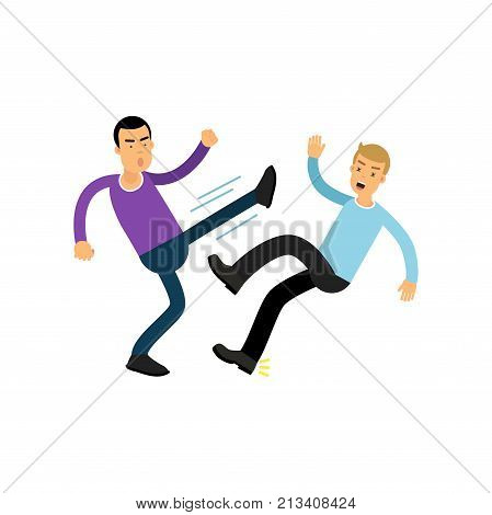 Irate man in high kick pose beats guy in blue sweater. People having fight. Violent behavior. Aggressive bully. Cartoon male characters in flat style. Vector illustration isolated on white background.