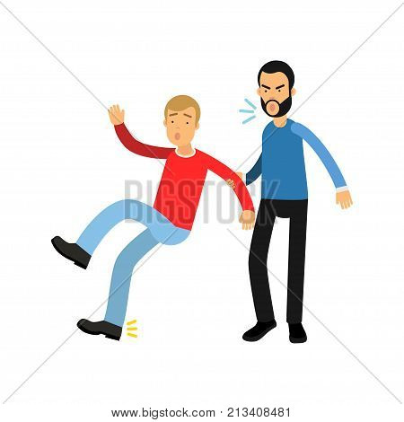 Aggressive bearded man grabbed young guy by hand and yells on him. Bad behavior concept. Cartoon characters of fighting people. Vector illustration in flat style isolated on white background.