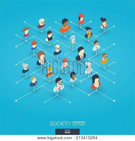 Society integrated 3d web icons. Digital network isometric interact concept. Connected graphic design dot and line system. Abstract background for social media, people communication. Vector Infograph